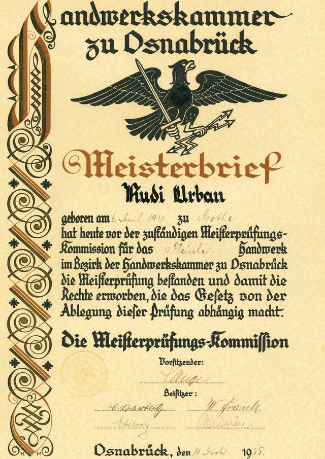 Meisterbrief von Rudi Urban, ausgestellt 1935 in Osnabrück