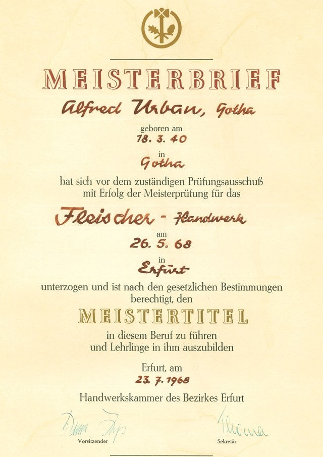 Meisterbrief von Alfred Urban, ausgestellt 1968