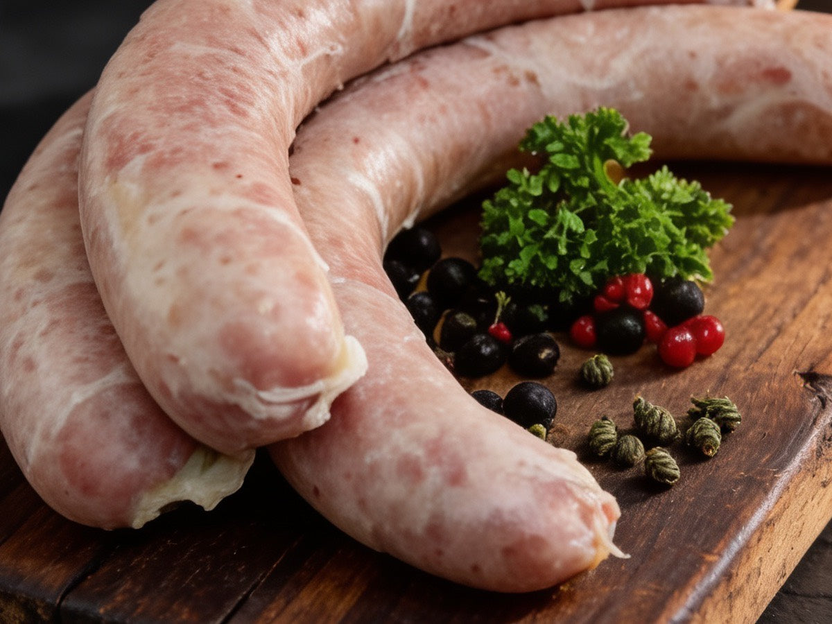 Thüringer Rostbratwurst auf einem Holzbrett